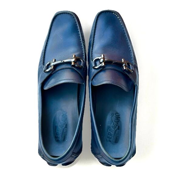 Ferragamo Navy Leather Gancini Loafers – NWOT, Gunmetal Bit, Italian Classic - Picture 5 of 16